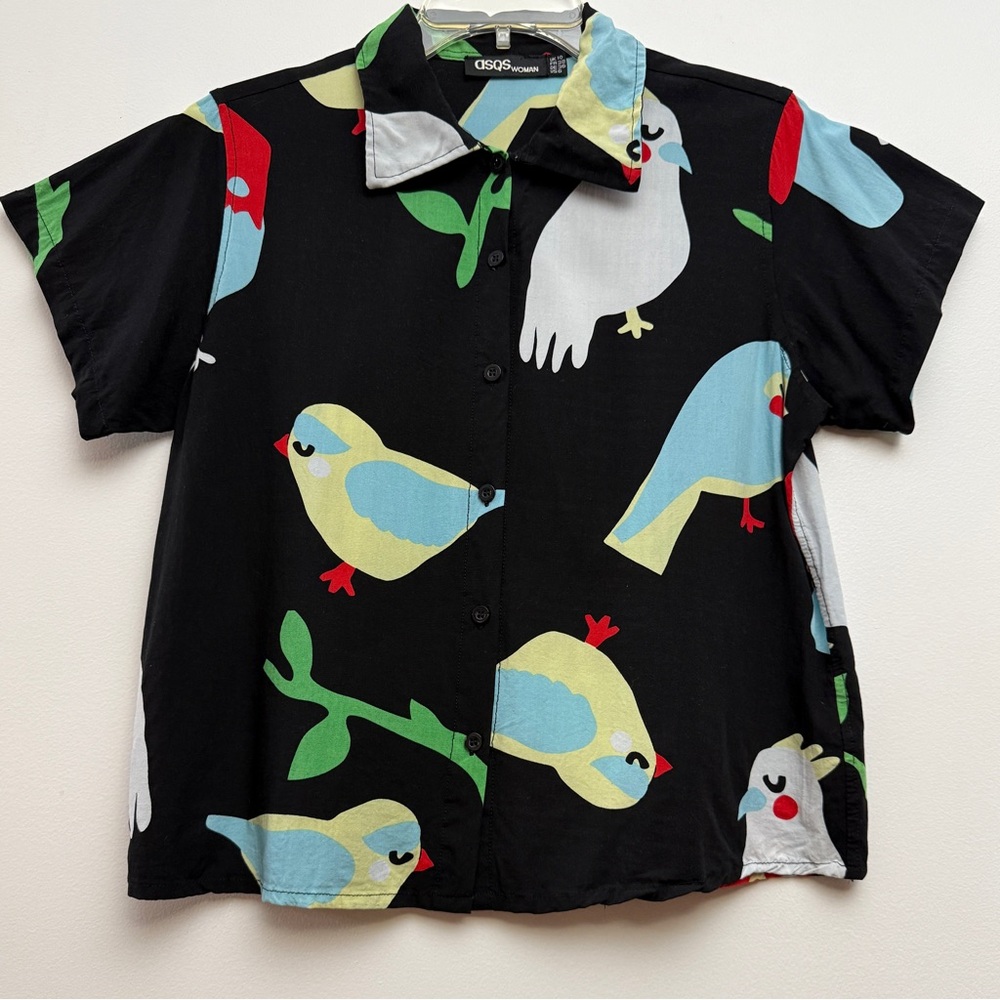 aSQS Multicolor Bird Print Button Down Shirt